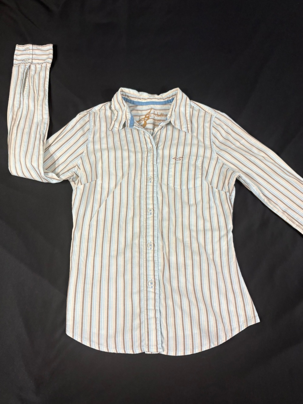 Hollister Women Juniors Green Striped Long Sleeve Button Up Shirt S